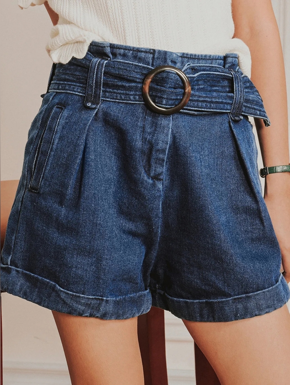 Szane Rome Denim Shorts Nwt High-Waisted Pleated Belted French Chic Sz 36 (4)